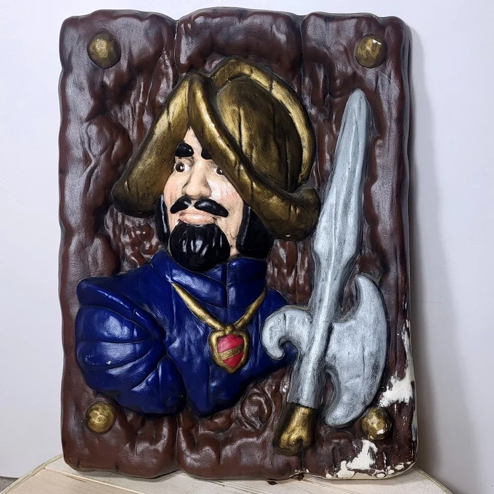 Vintage Spanish Conquistador Wall Art Plaque Set 3D Relief Red Blue Gold 14x10